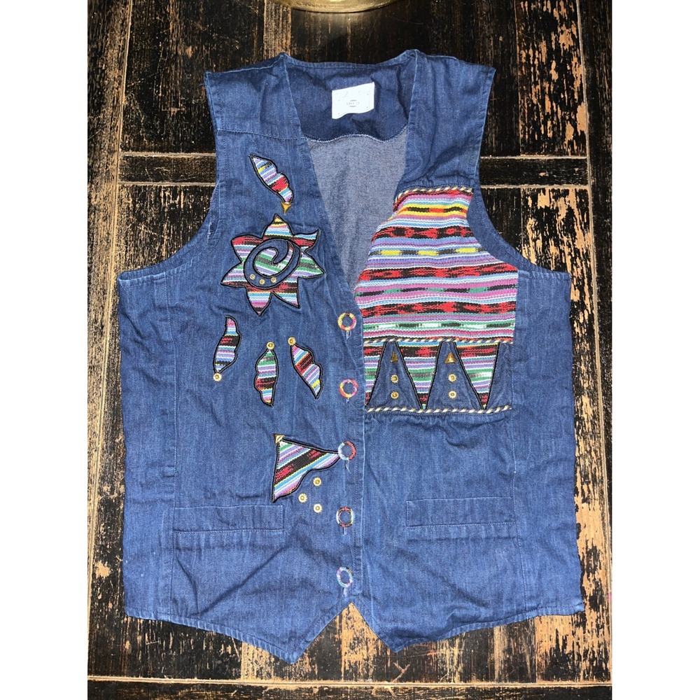 Vintage INFO USA Denim Vest Southwestern Tapestry Embroidered Blue Boho Medium
